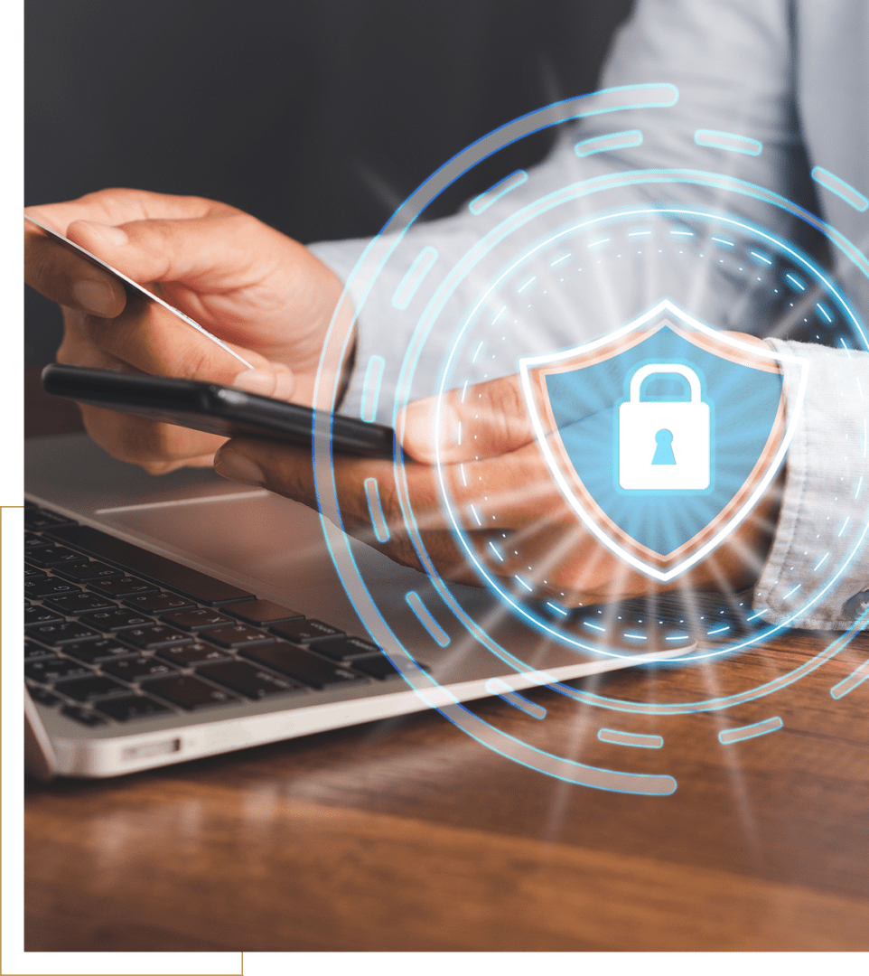 Person securing data on a smartphone with digital lock overlay.