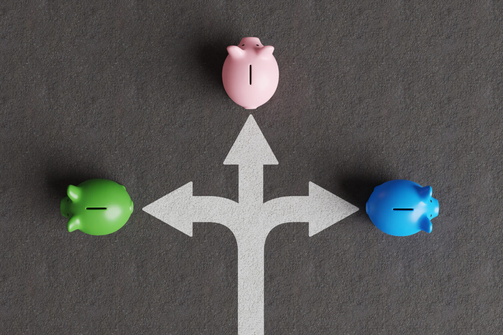 A piggy bank at a crossroads with plus and minus signs.
