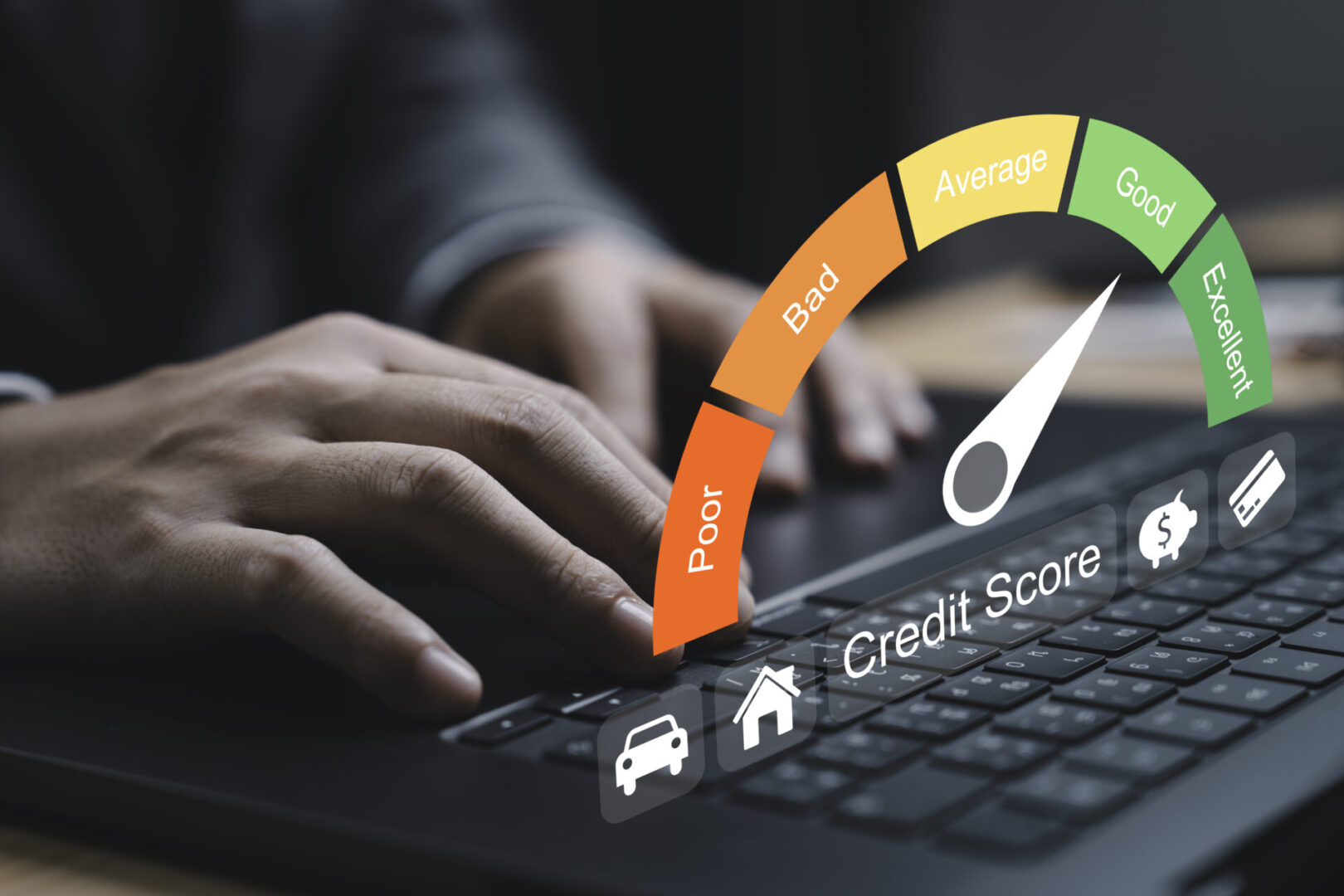 Person checking credit score on a laptop with a gauge display.