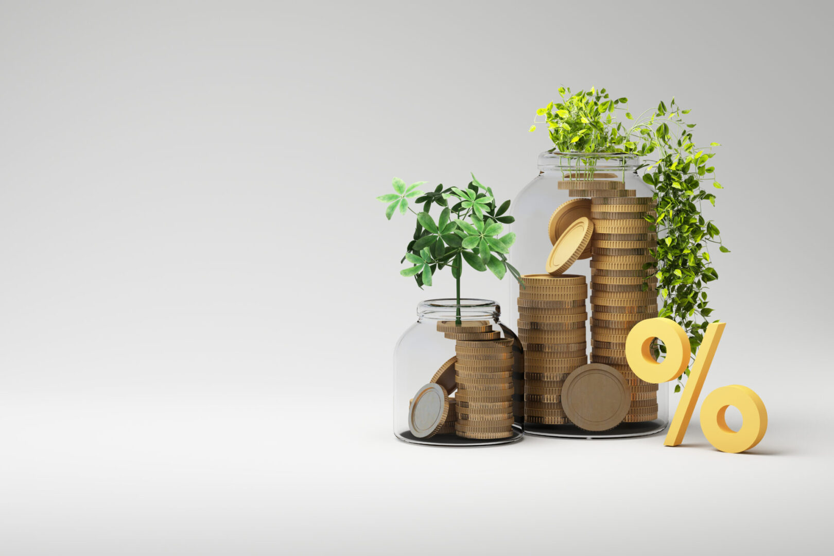 A small plant growing from stacks of coins symbolizing financial growth and investment.