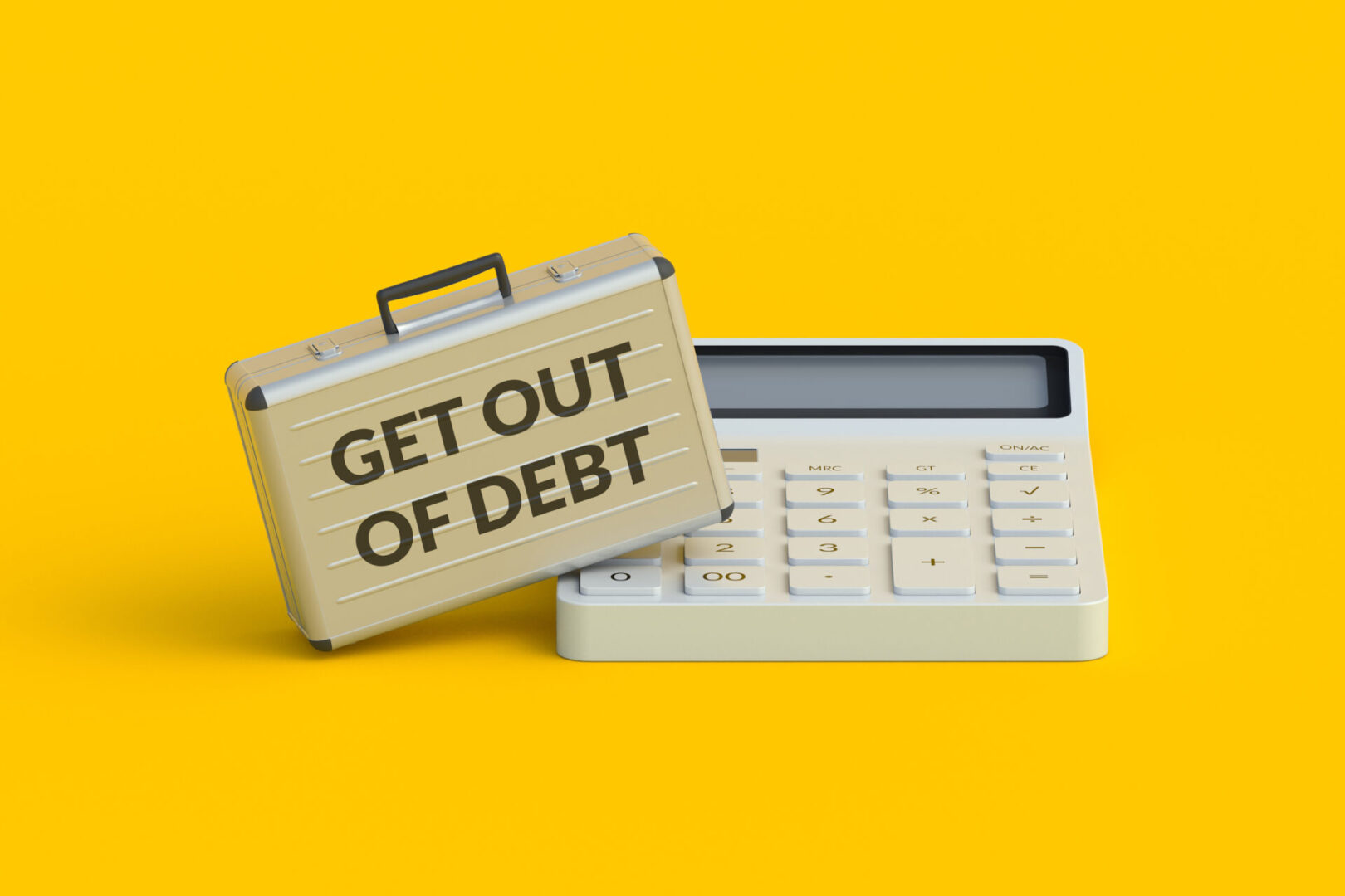 Briefcase labeled 'GET OUT OF DEBT' next to a calculator on yellow background.